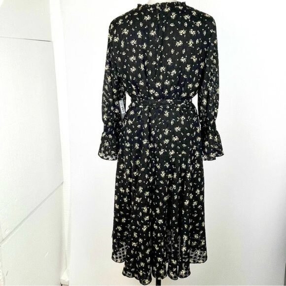 TAHARI Floral Long Sleeve Dot Chiffon Ruffle Faux Wrap Dress 12 - Picture 5 of 10